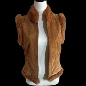 Eye-Catching Revue Suede Vest trimmed in dyed rabbit fur